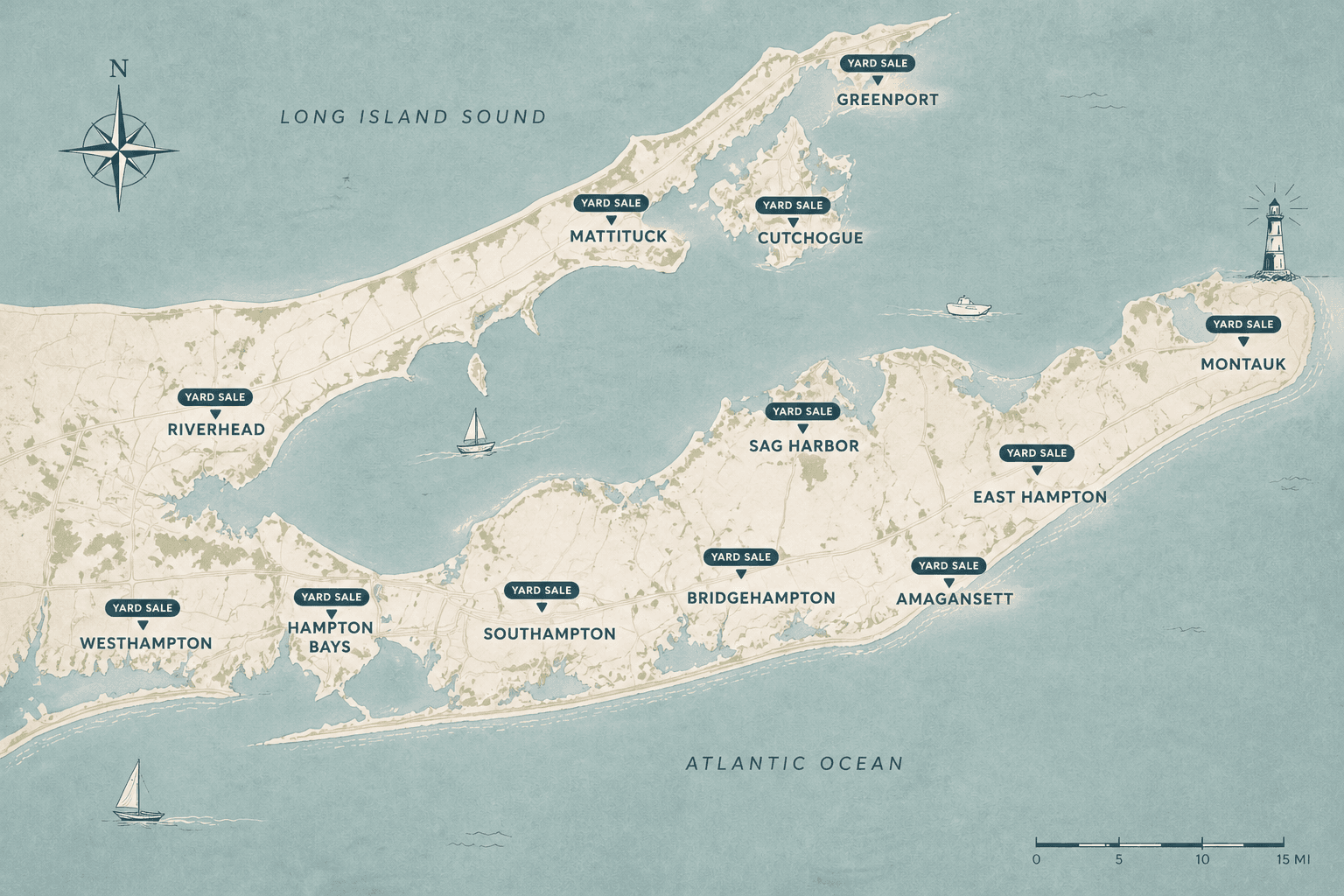 Illustrated map of the Hamptons with yard sale pins from Westhampton to Montauk