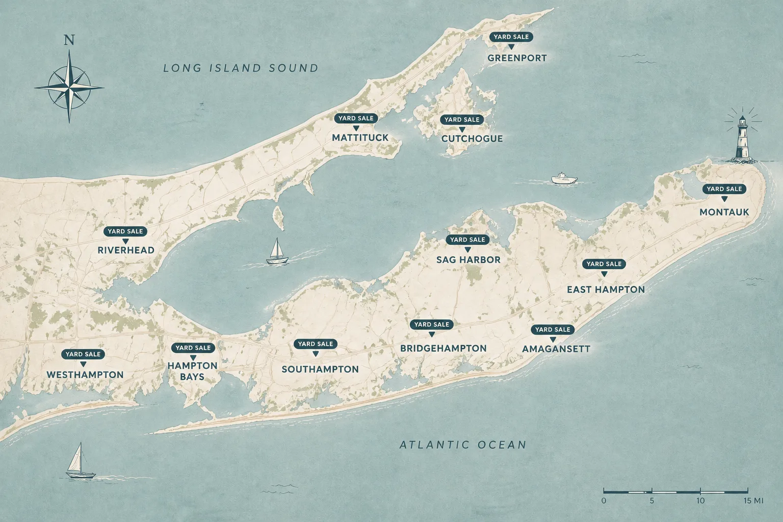 Illustrated map of the Hamptons with yard sale pins from Westhampton to Montauk