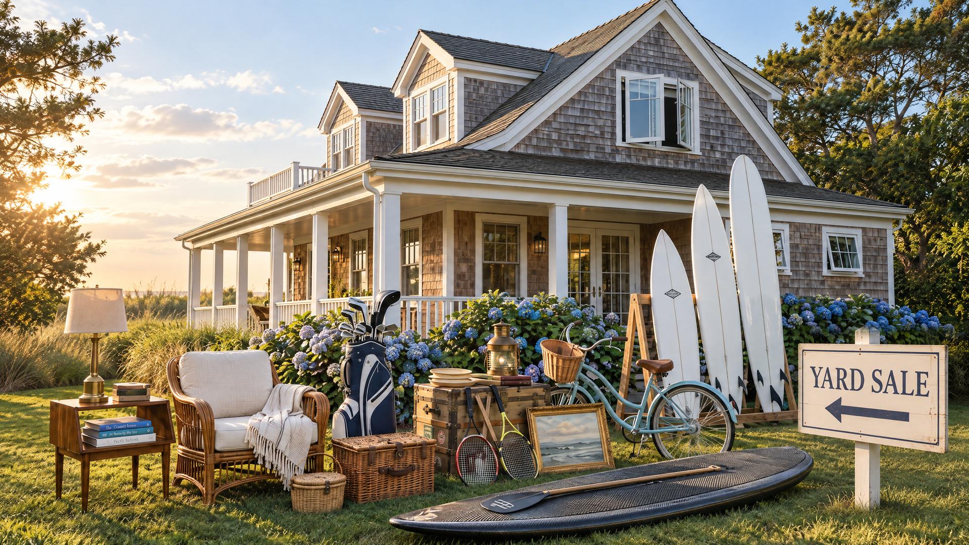 Hamptons shingled cottage with golden-hour yard sale display and blue hydrangeas