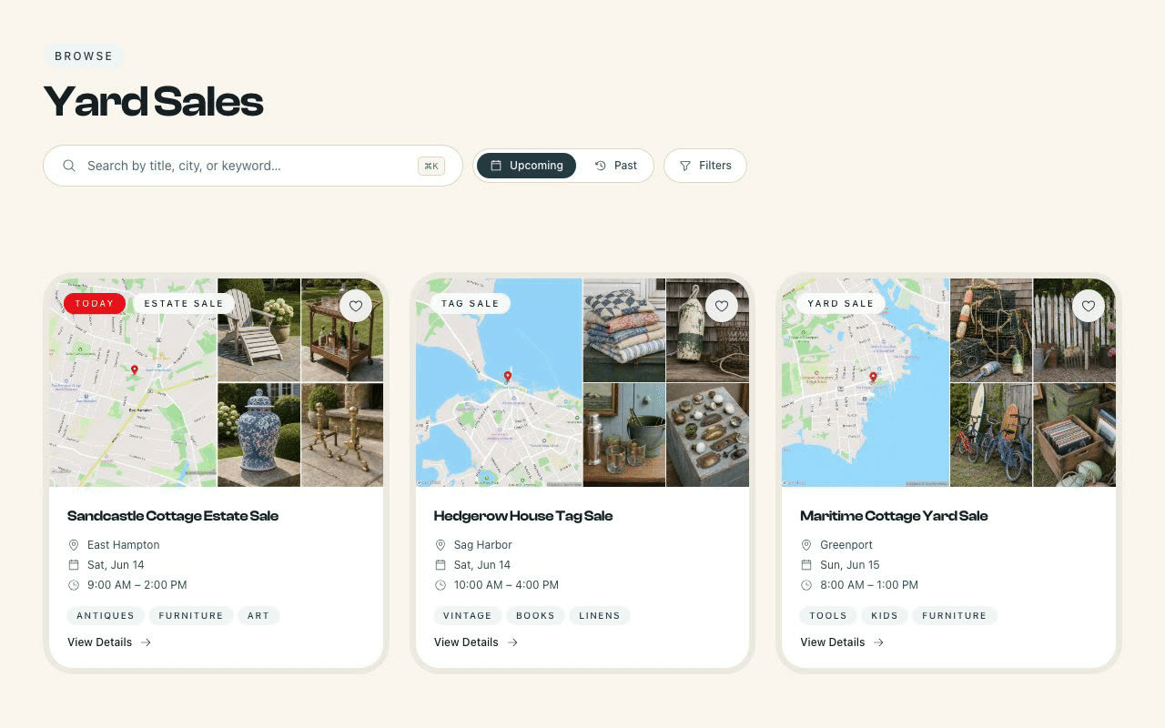 Animated demo of browsing yard sales on the Hamptons map and tapping a filter
